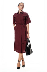 DOUBLE POCKET MIDI DRESS - MAROON